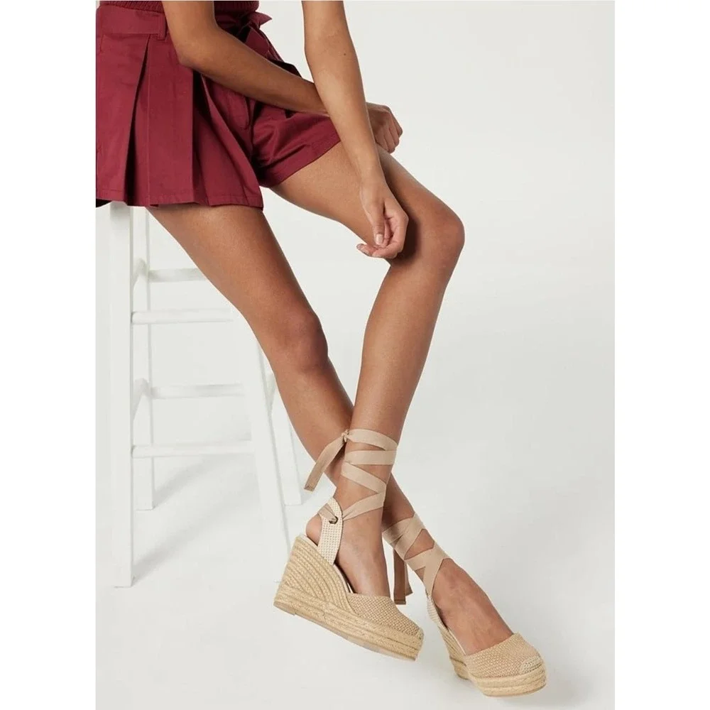 The Drop Espadrille Platform Wedge Sandals Ankle‎ Tie Natural Beige Size 11 Boho
